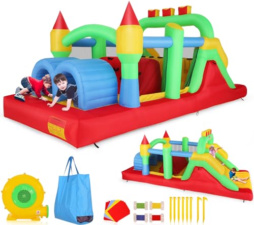 Whubefy Inflatable Obstacle Course Bounce House 18x8.2FT Multi-Color