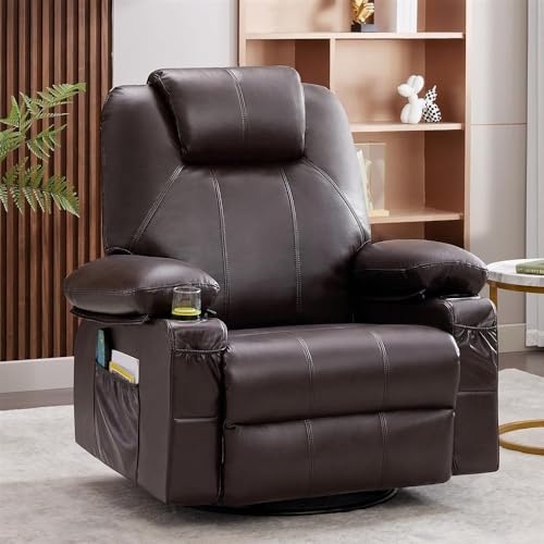 Power Recliner Chair for Elderly with Vibration Massage and Heat, Swivel Rocker Recliner with Side Pocket, Comfortable Ergonomic Lounge Chair for Living Room, Brown