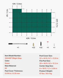 VEVOR Inground Pool Safety Cover, Fits 20 ft x 40 ft Rectangular Winter Pool Cover with Right Step, Triple Stitched, High Strength Mesh PP, Good Rain Permeability, Installation Hardware Included
