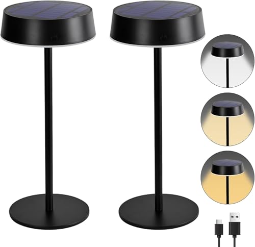 RESTEQ 2pcs IP67 Dimmable Wireless Solar Table Lamp 3CCT 3000K 4000K 6000K Rechargeable USB-C for Garden Patio Indoor Outdoor