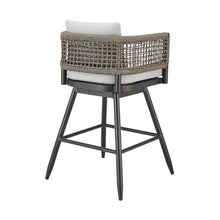 Armen Living Alegria Outdoor Patio Swivel Bar Stool in Aluminum with Gray Rope and Light Gray Cushions