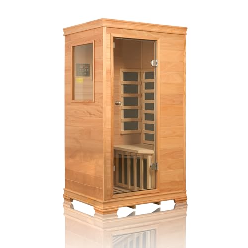 INFRADELUX Personal Far Infrared Sauna for Home Use, 1 Person Low EMF Indoor Sauna, 960W/120V with 6 Carbon Heating Panels, Elevated Base, Built-in Speakers, Control Panel & Tea Tray,35 × 27 × 61 Inch