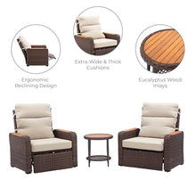 Teamson Home - Outdoor 3 Piece Wicker Recliner Set with Wood Armrests and Cushions, Brow