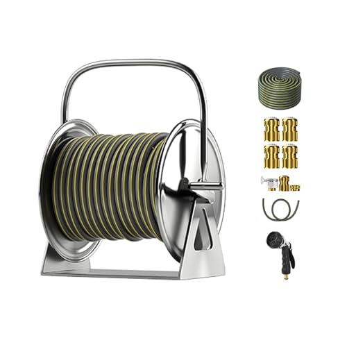 HBOOMOEM Wall-Mounted Garden Hose Reel，Stainless Steel Metal Water Pipe Storage Rack Frame，with Handle and Mounting Bracket, Suitable for Garden, Car Wash, Pets.(Regular Version,25m)
