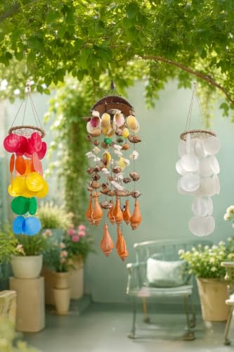 Set of 3 Coconut Shell & Rattan Wind Chimes - Handmade Garden & Balcony Decor - Shells and Stones - 23.6 in (23.6 in) Height - Multicolor, 24x5 inch