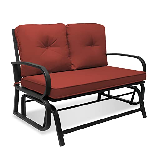 Outdoor Patio Garden Loveseat Glider - 50'' Swing Rocking Loveseat Bench Gliders Seating with Sturdy Black Metal Frame & Cushion for Outside Garden Porch Yard, Red, QWE741