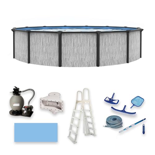 Blue Wave Sevilla 18-ft Round 52-in Deep Above Ground Swimming Pool – with Steel Wall & Top Rails, Sand Filter, Overlap Liner, A-Frame Ladder & Maintenance Kit – Complete Outdoor Pool Accessories