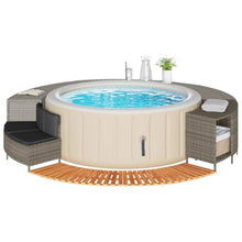 KGFHERENB Hot Tub Surround Gray Poly Rattan Spa Steps and Bench Set, Outdoor Wicker Spa Surround Kit with Solid Acacia Wood Steps, Cushioned Bench, and Storage Rack