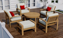 TeakStation 6 Pc Teak Wood Lounge Chair Set: 4 Lounge Chairs, Ottoman & Round Coffee Table with Cushions in Outdoor Sunbrella Fabric #5404 Canvas Natural