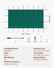 VEVOR Inground Pool Safety Cover, 16 ft x 32 ft Rectangular Winter Pool Cover, Triple Stitched, High Strength Mesh PP Material with Good Rain Permeability (Fit 16x32ft Pools)