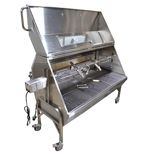 59" Stainless Steel Propane Gas & Charcoal Spit Rotisserie Roaster with Extra Large Hood - Full Cover Included - 200lb Capacity