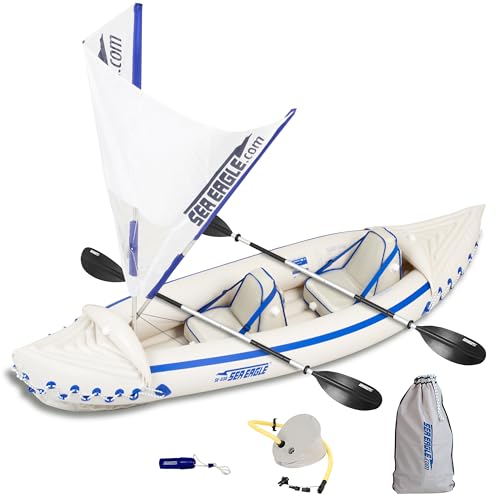 Sea Eagle SE330 Two Person Inflatable Sport Kayak with Seats, Paddles, Bag, Electric Pump White/Blue
