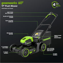 Greenworks 60V 17in Push Lawn Mower, 4.0 Ah Battery and Charger