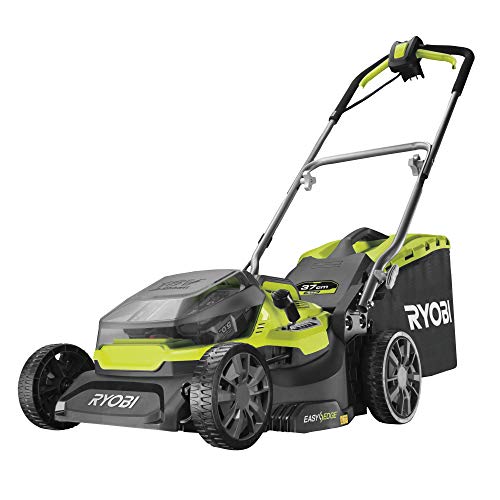 RYOBI 18 V ONE+ Hybrid Lawnmower RY18LMH37A-225 (Battery or Mains Operation, Cutting Width 37 cm, Includes 2 Batteries 2.5 Ah, Grass Collection Bag, 45 L, Mulchable, Cutting Height Adjustment)