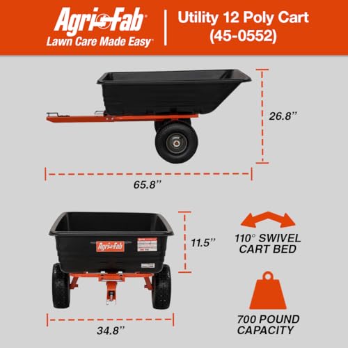 Agri-Fab Tow Behind Poly Dump Swivel Cart for Lawn Tractors and Mowers, 700 lb Capacity, 12 Cu Ft Utility Trailer