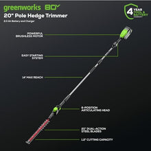 Greenworks 80V 20 in Cordless Hedge Trimmer, 2.0 Ah Battery and Charger