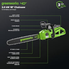 Greenworks 40V 18 in Cordless Electric Chainsaw, 5.0 Ah Battery and Charger