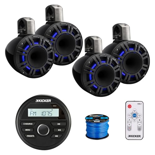 KICKER Marine USB Bluetooth AM/FM Stereo Receiver with 4X 8" 500W Speakers and LED Remote, Black