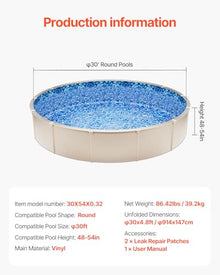 VEVOR 30-ft Round Above Ground Pool Liner, Overlap Pool Liners, Standard Gauge Vinyl, 48-to-54inch Wall Height, Designed for Steel Sided Above-Ground Swimming Pools