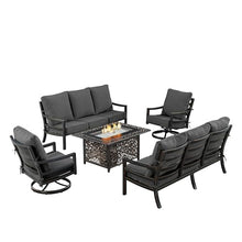 Oakland Living Black Aluminum Patio Fire Table Set with Two Deep Seating Sofa with Cushions and Two Club Chairs with Black Cushions