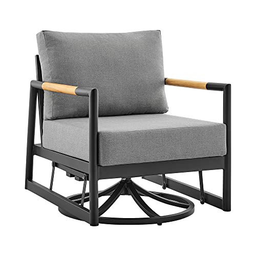 Armen Living Royal Outdoor Patio Swivel Glider Lounge Chair in Black Aluminum and Teak Wood with Cushions