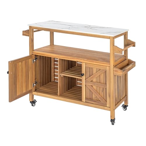 Vulcoa Outdoor Patio Acacia Wood Bar Cart with Storage Cabinet & Wheels, Natural Finish, Mobile Serving Station for Backyard, Deck, Poolside (Set of 1) (16'')