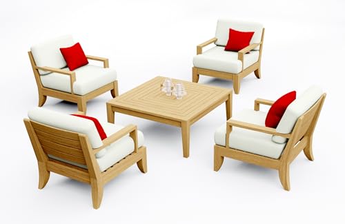 WholesaleTeakFurniture Atnas 5 Piece Teak Wood Lounge Chair Set: 4 Lounge Chairs & Square Coffee Table with Cushions in Outdoor Sunbrella Fabric #5404 Canvas Natural