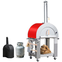 KOSTCH 32.5 inch Wood Fired and Propane Gas Pizza Oven for Outdoor Kitchen in Stainless Steel, Large Pizza Oven for Outside, Yard and Party (Red with Cover)