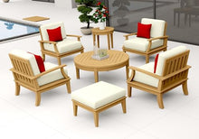 WholesaleTeak Teak Wood 7 Pc Lounge Chair Set: 4 Lounge Chairs, Ottoman, Round Coffee Table & Round Side Table with Cushions in Outdoor Fabric #5404 Canvas Natural