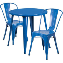 BOWERY HILL 3 Piece Metal Patio Dining Set, 30" Round Table and 2 Chairs, Blue Powder Coat Finish, Stackable Bistro Chairs, Indoor/Outdoor Use, Retro-Modern Style for Home, Restaurant or Patio Spaces