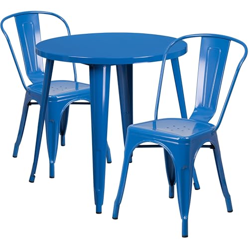 BOWERY HILL 3 Piece Metal Patio Dining Set, 30" Round Table and 2 Chairs, Blue Powder Coat Finish, Stackable Bistro Chairs, Indoor/Outdoor Use, Retro-Modern Style for Home, Restaurant or Patio Spaces