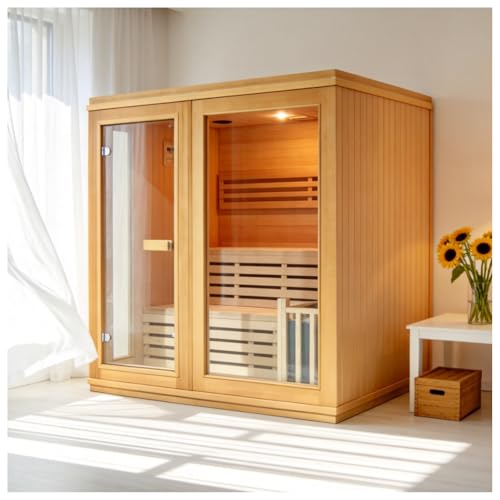 amocane Traditional Steam Sauna with WiFi Control, 4-6 Person Luxurious Indoor Sauna with 6KW Harvia Stove Heater, Canadian Hemlock Wood Sauna Room for Steam Wet Home Saunas Spa, Wooden Bucket, 220V