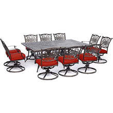 Hanover Traditions 11-Piece Modern Outdoor Dining Set with Rust Resistant Cast Aluminum Table and 10 Red Swivel Rocker Chairs