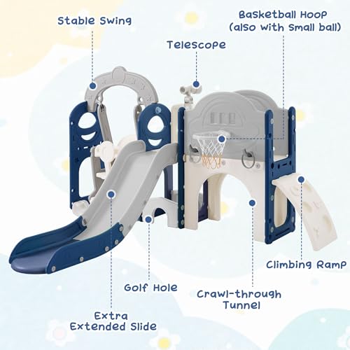 KOZYSFLER 8-in-1 Toddler Slide and Swing Set with Basketball Hoop Grey/Blue/White