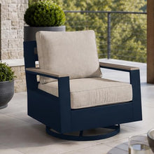 Beco Outdoor Swivel Glider Chair, Beige Nuvella Cushions, Navy Blue Metal