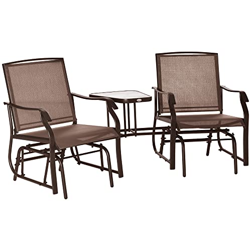 Double Glider Rocking Chair with Table for Porch, Garden, Backyard, 2 Seater Outdoor Swing Loveseat, Coffee Brown