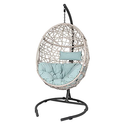 Iwicker Outdoor Rattan Egg Hanging Swing Chair with Cushions and Stand (Blue)