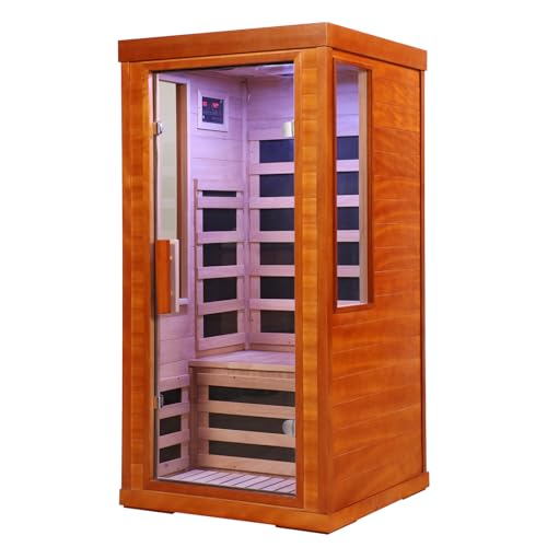 ZAVEROX 1-Person Far Infrared Sauna with Okoume Wood & Glass Door, 7-Panel Low EMF Carbon Fiber, 31.50×31.50×63.30in