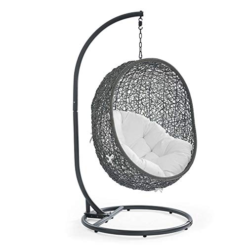 Modway Hide Wicker Rattan Outdoor Patio Porch Lounge Egg Swing Chair Set with Stand in Gray White