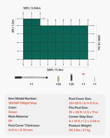 VEVOR Inground Pool Safety Cover Fits 18x36 ft Rectangular Pools with 4x8 ft Right End Step, Triple-Stitched High Strength Mesh PP, Great Rain Permeability, Installation Hardware Included