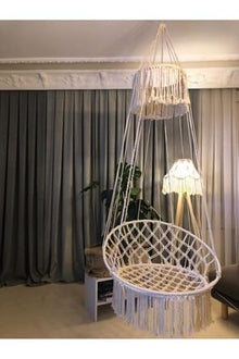 Macrame Swing Hammock Chair Handmade Cotton Rope 330.8 lb Capacity Scandinavian Style for Indoor Outdoor - Ecru