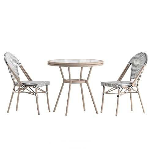 Flash Furniture Marseille Indoor/Outdoor Bistro Set - Tempered Glass Table & 2 Chairs - Black & White Textilene/Light Natural Frame