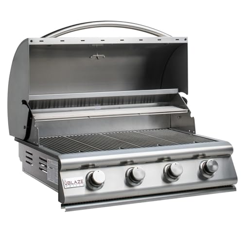 Blaze Prelude LBM Built-In Natural Gas Grill | 32-Inch 4-Burner BBQ with 56,000 BTUs | 304 Stainless Steel Construction | Flame Stabilizing Grids | BLZ-4LBM-NG