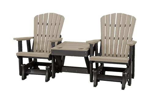 DutchCrafters Slat Fan Back Double Poly Adirondack Glider Outdoor Patio Chairs Black & Weatherwood
