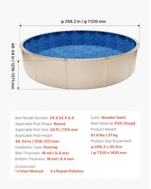 VEVOR 24-ft Round Above Ground Pool Liner, Overlap Pool Liners, Thickend Upgraded Gauge Vinyl, 48-to-54inch Wall Height, Designed for Steel Sided Above-Ground Swimming Pools