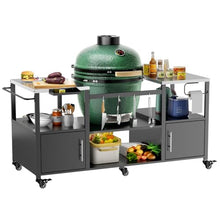 Heavy-Duty Outdoor Grill Cart for Kamado Style BBQ Grills, Steel Barbecue Table with Tool Storage Shelf and Wheels (Black + Silver + Metal + Stainless Steel)