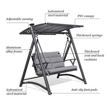 Outdoor Patio Porch Swing with Adjustable PVC Canopy, Porch Swing 2 Person Patio Swing Chair with Seat Cushion, Anti-Slip Foot Pads for Garden Backyard Porch Lawn