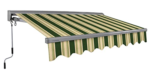ADVANING Classic Series 13'X10' Manual Retractable Awning, 100% Acrylic UV+ Sun Shade Canopy, Green w/Beige Stripes, MA1310-A230H