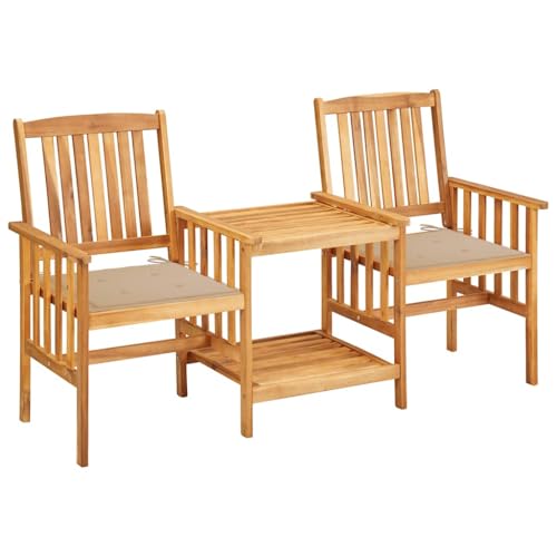 Molumvel Outdoor Acacia Wood Bistro Set with Tea Table, Double Chairs and Cushions for Garden, Patio and Balcony Furniture