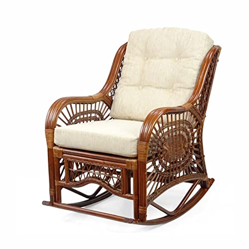 Malibu Rocking Handmade Lounge Chair ECO Natural Wicker Rattan Colonial Color with Cream Cushion, Indoor ONLY